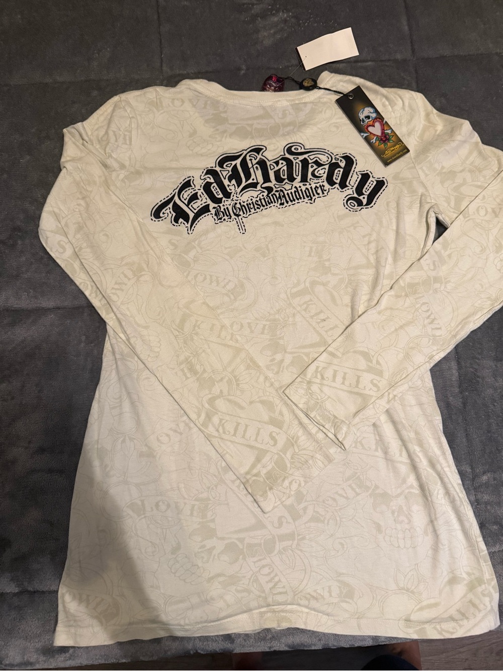 Ed Hardy Women's Cream Long Sleeve Tattoo-Print Graphic Tee